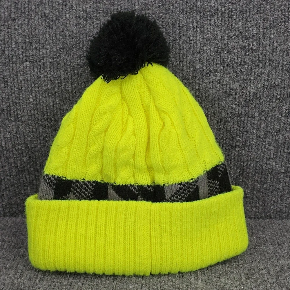 Nike Hat Beanie Youth‎ One Size Yellow Plaid Knit Pom Winter Swoosh Sports